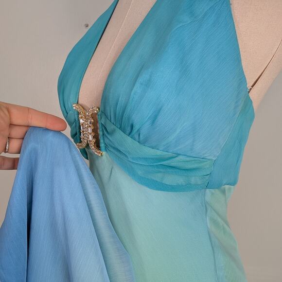 Vintage Cache Prom Dress Maxi Gown 6 Blue Green Y2K Fairy Mermaid Ombre Halter - Picture 7 of 13